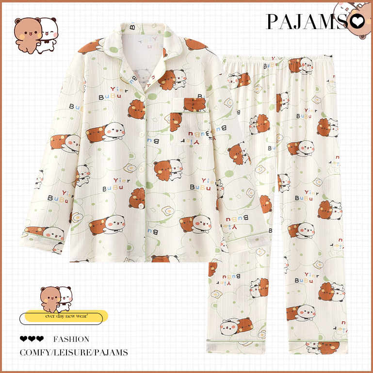 Bubu Dudu Women's 100% Cotton Long Sleeve Pajamas Spring Autumn Cartoon Loungewear Set