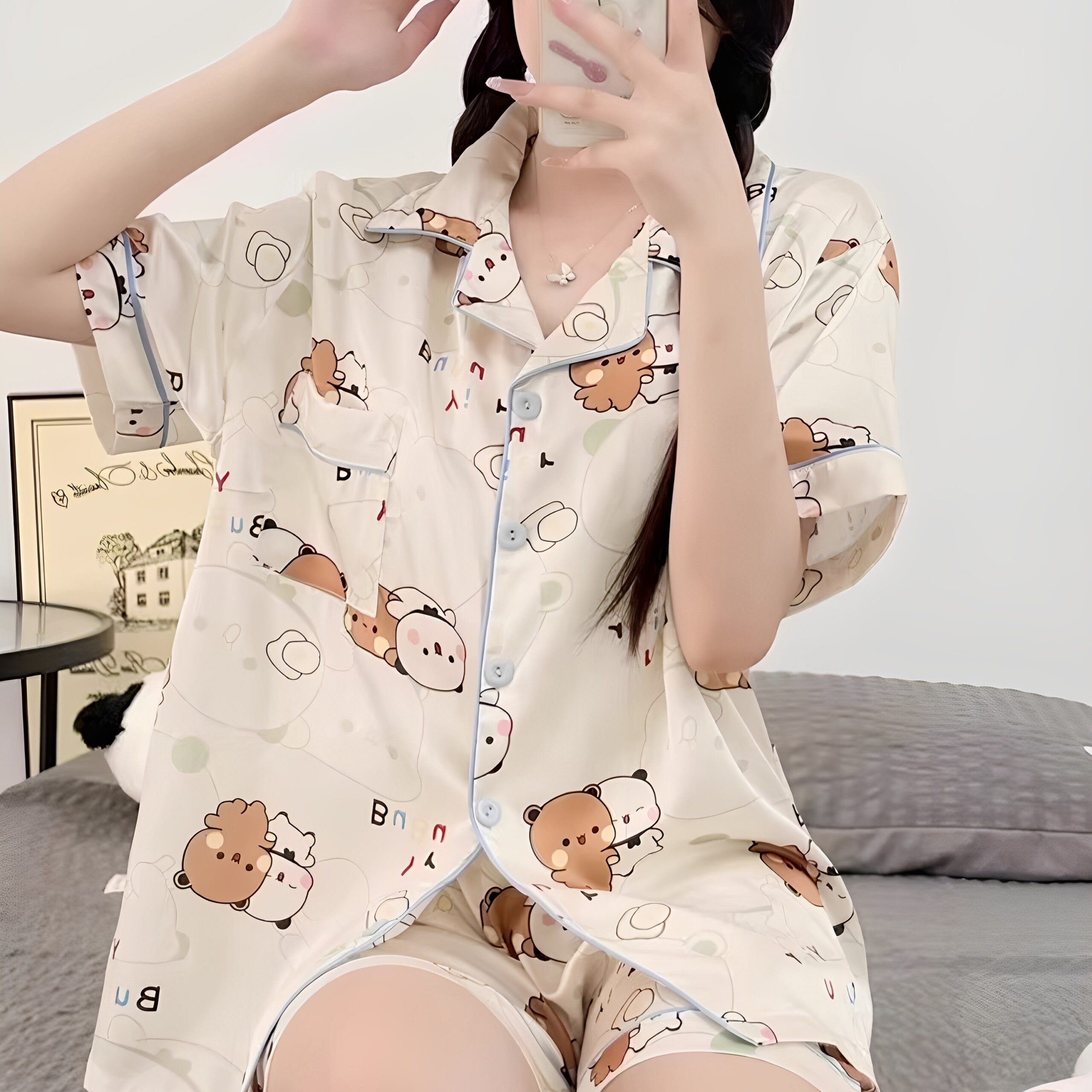 Cute Bubu Dudu Pajamas Summer Cool Cotton Short Sleeve & Pants Cartoon Loungewear Set for Students - Image 3