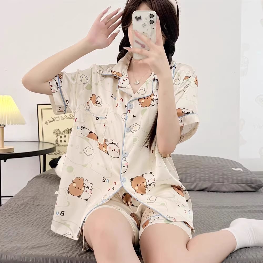 Cute Bubu Dudu Pajamas Summer Cool Cotton Short Sleeve & Pants Cartoon Loungewear Set for Students
