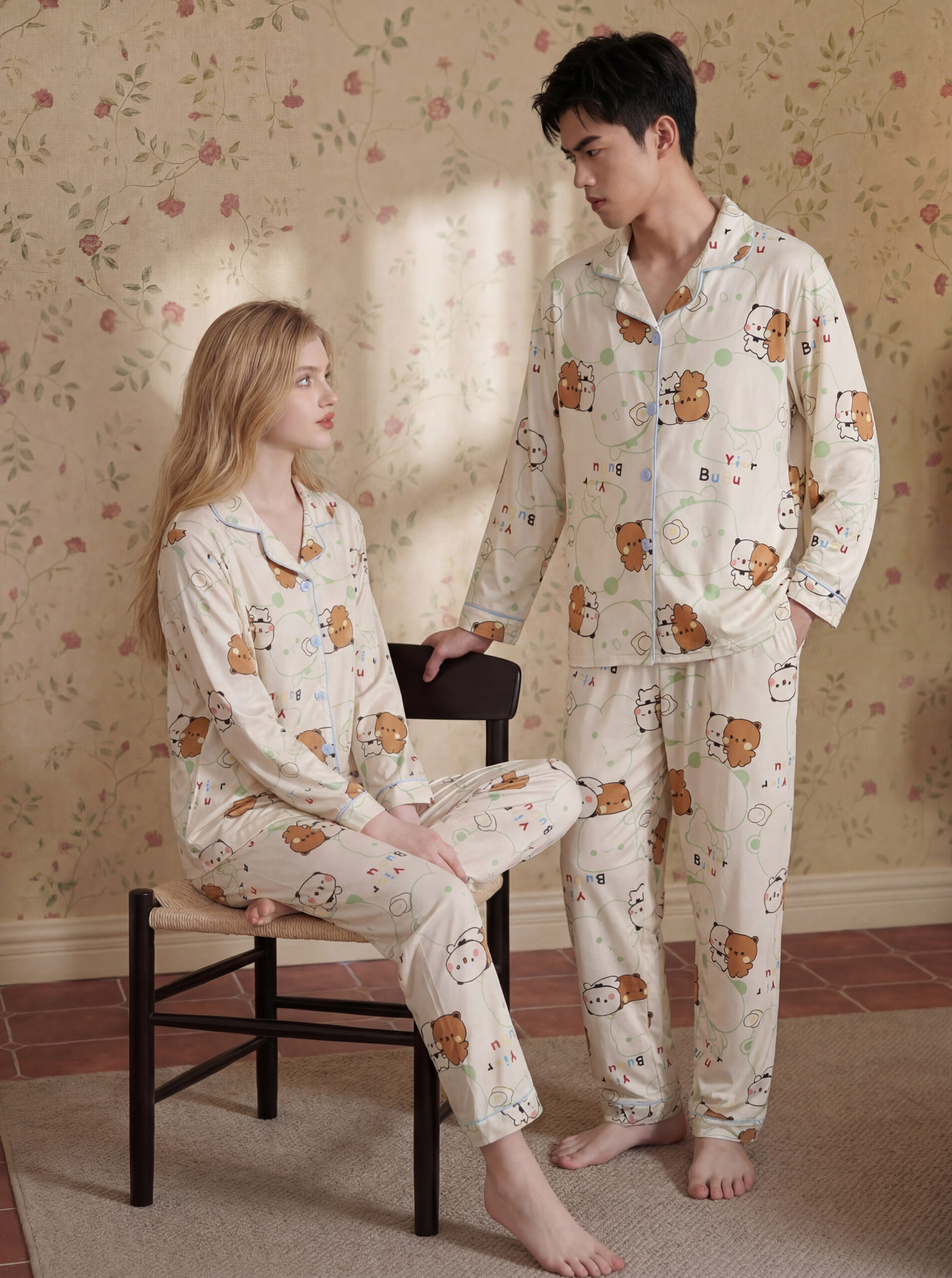 Couple Pajamas 2026 Spring Autumn Bubu Dudu Cartoon 100% Cotton Loungewear Set - Image 3