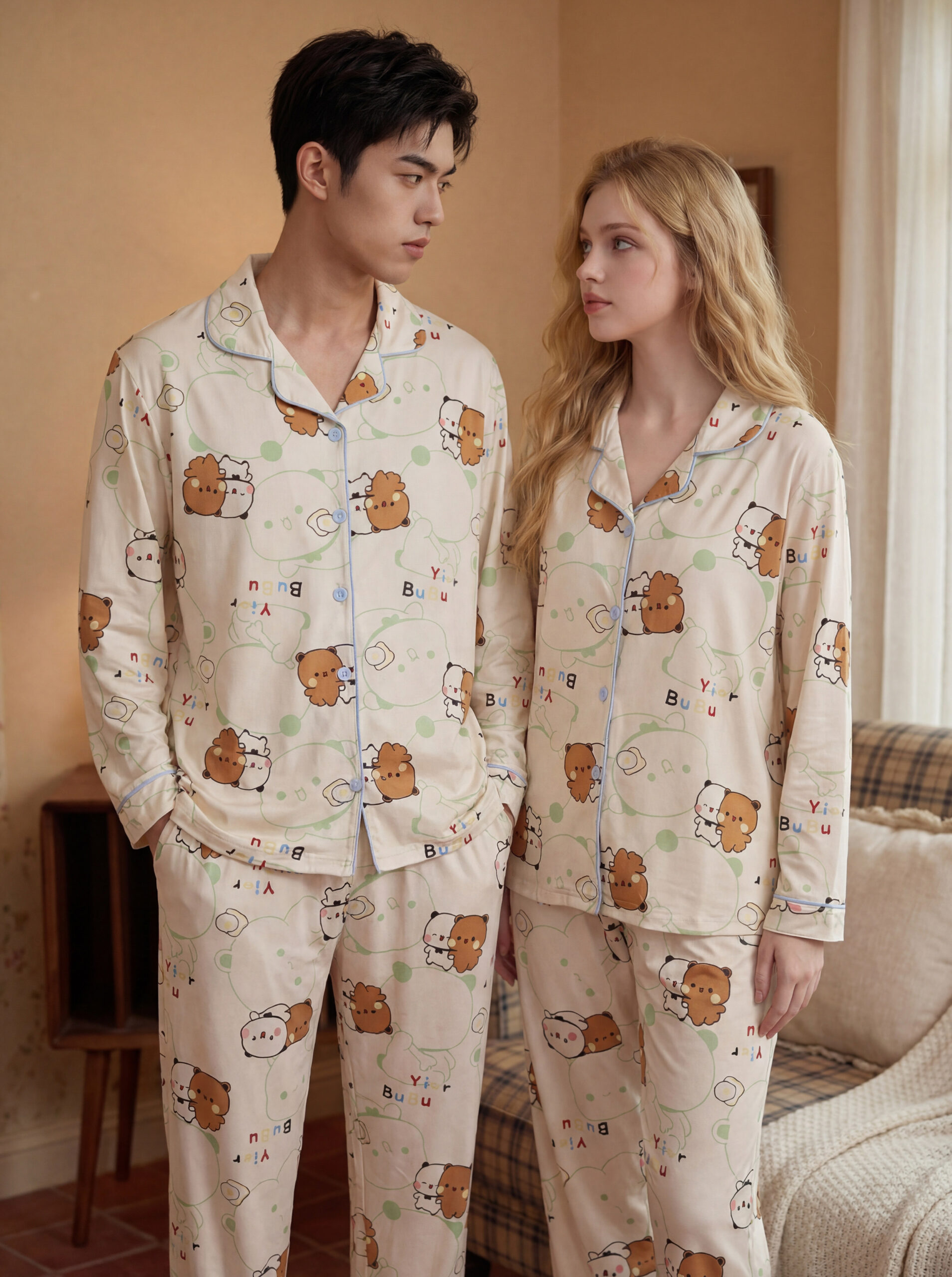 Couple Pajamas 2026 Spring Autumn Bubu Dudu Cartoon 100% Cotton Loungewear Set - Image 2